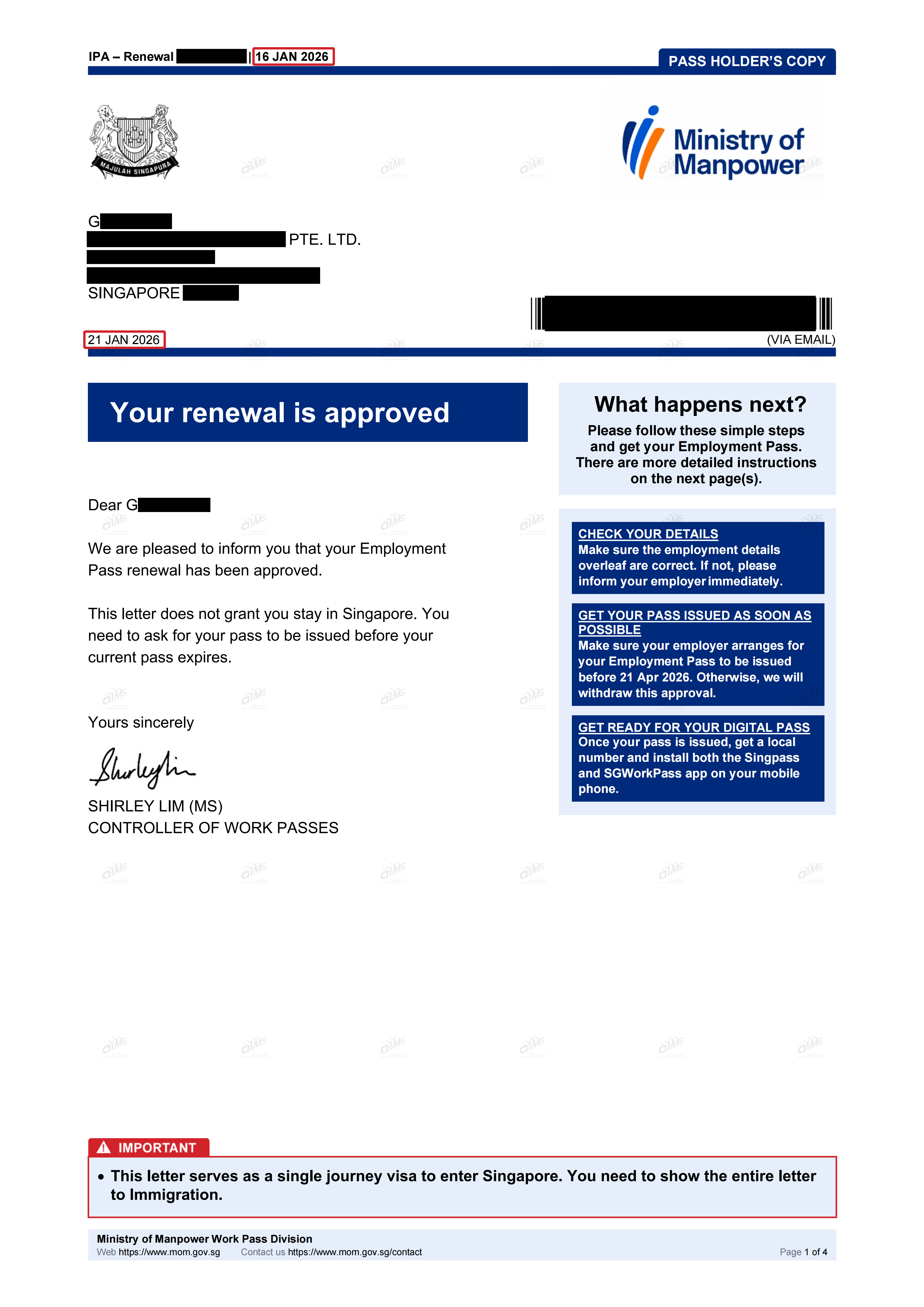 五天完成续签,G先生新加坡自雇EP顺利通过